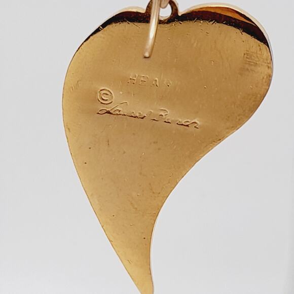 Vintage Laurel Burch Heart Dangle Earrings, Blue Enamel, Gold Plated, 2 Inches - Picture 6 of 10